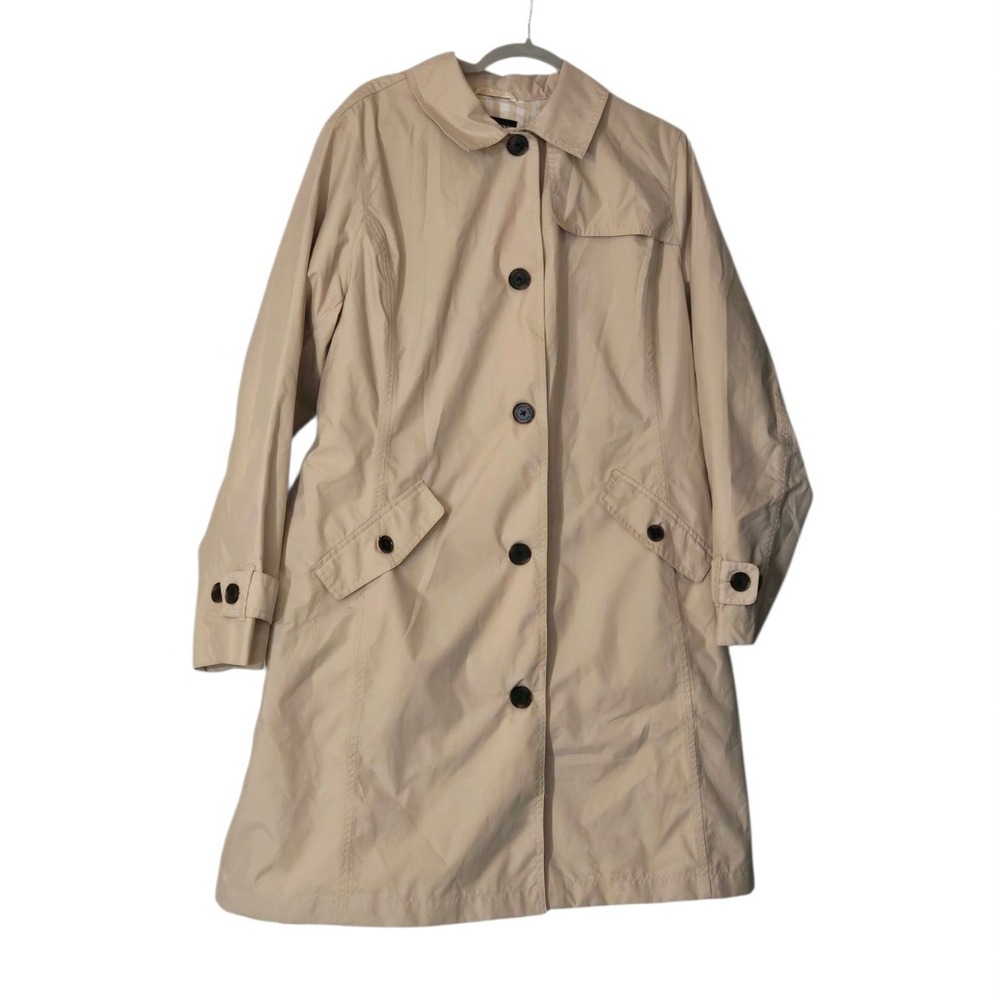 Lands End Womens XL 18-20 Tan Beige Trench Coat Gingham Lined Button Jacket